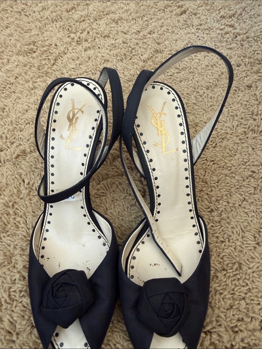 Yves Saint Laurent Black Satin Slingback Heels with Rosette Accent - Picture 2 of 6